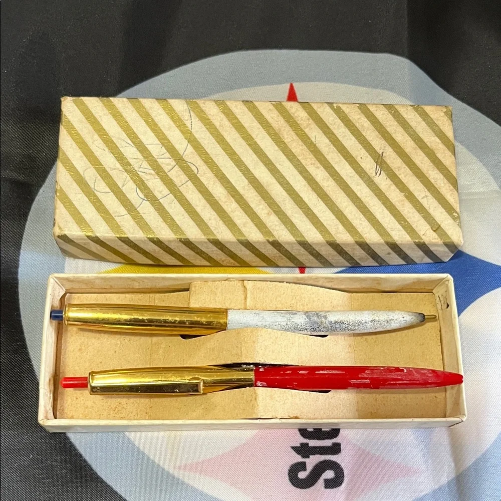 Antique Gold and Red Pen Set with Silver Accents
